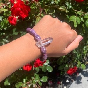 Lepidolite barrel and clear quartz point bracelet